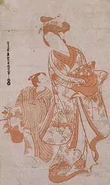 Courtesan and Boy Flower Seller, an aka-e by Okumura Masanobu, c. 1730s