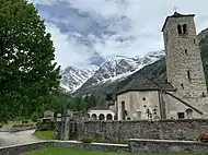 Old Church and the east wall of Monte Rosa, Macugnaga, Italy
