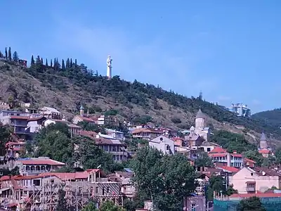 View of Holy Mother of God Church (middle) and two other Armenian churches in Old Tbilisi: Saint Stepanos (far right) and Saint George (center left)