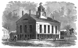 The original town hall, built in 1841 and burned in 1844. From an engraving published in 1852.