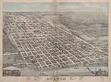 Aerial map of Downtown Austin in 1873