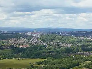 View of Oldham from Hartshead Pike, 2.5 miles (4.0 km) away.