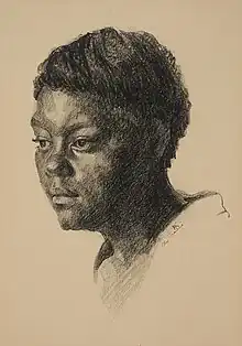 Dark, lithographic crayon portrait of a Black woman facing left and downward. The image fades from her neck down.