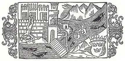 Olofsborg in Olaus Magnus' Historia de gentibus septentrionalibus, 1555