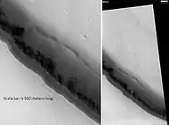 Olympus Mons scarp, as seen by HiRISE. Scale bar is 500 meters long.