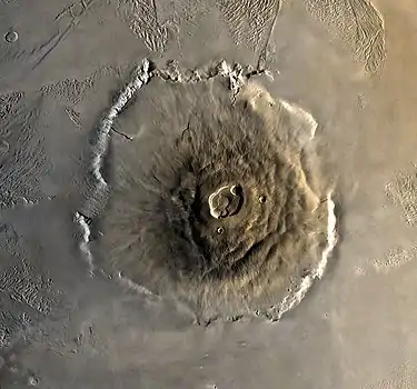 Wide view of the Olympus Mons aureole, escarpment and caldera