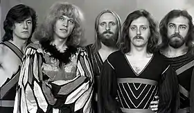 The classic Omega lineup in 1976 (L-R:  Ferenc Debreczeni, János Kóbor, László Benkő,  Tamás Mihály, György Molnár)