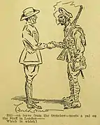 'Bill – on leave from the trenches – meets a pal on the Staff in London — Which is which?' (from Humorosities, published in The Lone Hand, 1 February 1917).