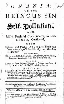Title page of Onania with the full name and editorial details below. "Onania, or the Heinous Sin of Self-Pollution" is in large writing.