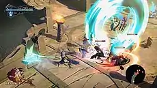 A three quarters view from overhead of a combat scene between the protagonist and several enemies. There is a radar map in the lower right, a percentage gauge in the lower left, and in the upper left a health bar as well as a level indicator. The enemies are in shades of black, the surroundings are in shades of earthy brown, and the heroes blade glows blue, having just caused a burst of neon blue light, indicating an attack has just occurred.