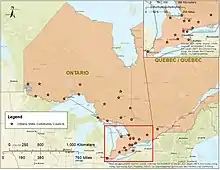 Map of the Métis community councils managed by the Métis Nation of Ontario which represent Métis people at the local level.