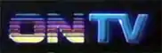 In an extended sans serif, the letters "ON" and "TV" with a space between them. The letters ON are divided horizontally into striped portions with a blue to purple to yellow gradient. The letters TV are solid and in blue.