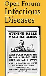 Open Forum Infectious Diseases cover with 1920 poster Quinine Kills Malaria Germs