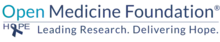 The text "Open Medicine Foundation" written in teal and blue. Below it is written the word "HOPE" with the O replaced by a blue ribbon, and the words, "Leading Research. Delivering Hope."