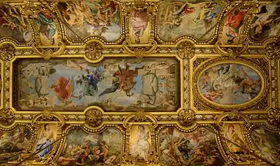 Part of the ceiling of the Grand Foyer with paintings by Paul Baudry: the central rectangular panel is Music, while the oval panel at the western end is Comedy.