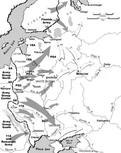 A map of Eastern Europe depicting the movement of military units and formations.