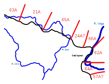 Operation Uranus Deception: The German intelligence view on 18 November 1942, showing six to eight Soviet armies (red) near Stalingrad. A = Army