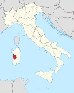 Map highlighting the location of the province of Oristano in Italy