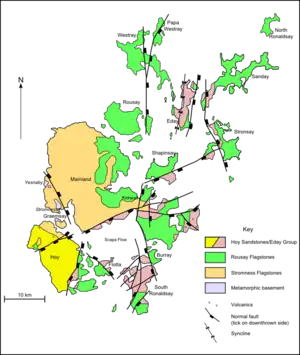 A map of the geology of Orkney. Hoy to the southwest is predominantly formed from Hoy/Eday Sandstones. The Mainland at centre is largely Stromness flagstones with Rousay flagstones to the east. The North and South Isles are a mixture of Eday and Rousay sandstones.