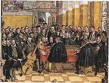 Orlando di Lasso and the Bavarian court musicians of circa 1563-70, by Hans Mielich. (Back row:) Treble or alto curved corbett (2nd from right), treble or alto straight cornett (fourth from right).