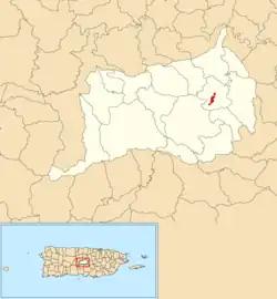 Location of Orocovis barrio-pueblo within the municipality of Orocovis shown in red
