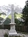 Obelisk at the Forte Weisser Knott on the Swiss-Italian border, with inscription describing the first ascent of the Ortler by Josef Pichler.