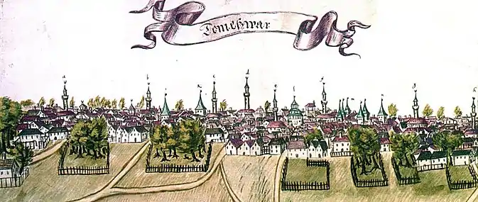 Ottendorf's veduta, a view from the north side of the fortress.Here: a–h indicate 8 minarets of mosques; i — the tower of Azaps gate (P); k — the Water Gate tower (Q); l — the Rooster Gate tower (O); m — four of them are the towers of the castle, and one is the Water Tower; n — the tower of the Blood Gate (S).