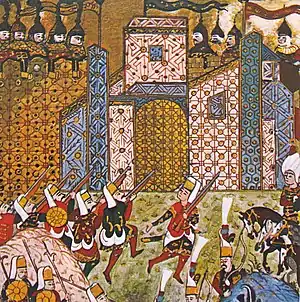 Gun-wielding Ottoman Janissaries in combat against the Knights of Saint John at the Siege of Rhodes in 1522.