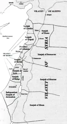 Map of Ottoman Levant showing the Beirut Vilayet and its Sanjaks and the Syria Vilayet and its Sanjaks.