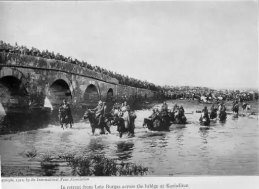 Ottoman troops in retreat from Lule Burgas across the bridge at Karisdiran
