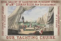 Theatre poster depicting four figures on the deck of a substantial sailing yacht with a seascape and distant land behind