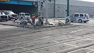 Wrecked crossing signals at the site of the Lake Worth accident