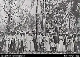 Planting the first telegraph pole, near Palmerston (Darwin) in September 1870. James Millner is fourth from left