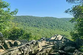 Hawk Mountain viewed from a rocky overlook at Hawk Mountain Sanctuary