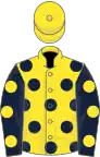 Yellow, dark blue spots, dark blue sleeves, yellow spots, yellow cap