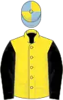 Yellow, black sleeves, light blue and yellow quartered cap