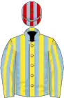 Yellow and light blue stripes, light blue and yellow striped sleeves, light blue and red striped cap