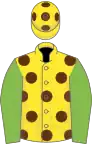 Yellow, brown spots, light green sleeves