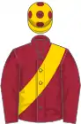 Maroon, gold sash and cap with maroon spots