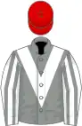 Grey, white chevron, white and grey striped sleeves, red cap