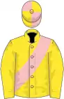 Yellow, pink sash, pink and yellow quartered cap