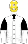 White, black and white halved sleeves, yellow cap, white spots