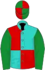 Turquoise and red (quartered), green sleeves, green and red quartered cap