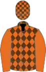 Orange, brown diamonds, orange sleeves, checked cap