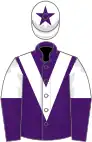 Purple, white chevron, white and purple halved sleeves, white cap, purple star