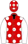 Red, white spots, white sleeves, red cap, white spots