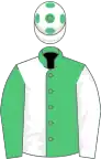 EMERALD GREEN and WHITE HALVED, sleeves reversed, white cap, green spots