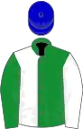 White and green (halved), reversed sleeves, blue cap