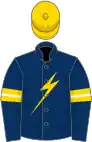 Navy Blue, gold lightning bolt, navy blue sleeves, gold armlets, gold cap