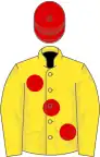 Yellow, large red spots, red cap